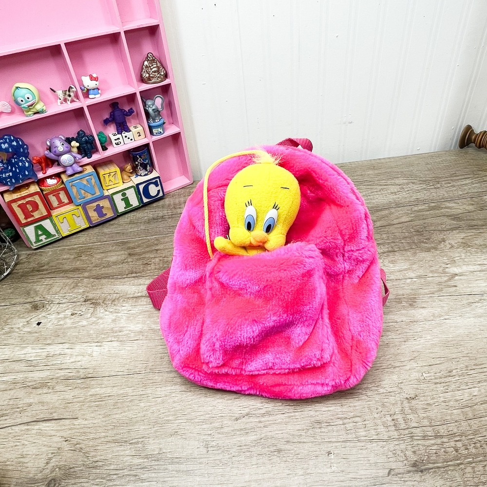 Looney Tunes Tweety Bird Pink Faux Fur Plush Mini Backpack Jaclyn Inc Y2K Style